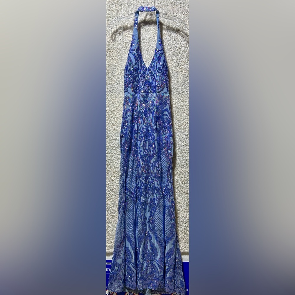 B. Darlin Sequin Formal Prom Dress Long Halter V Neck Open Zip Blue Lavender 2